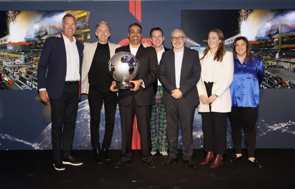 Saif Rashid Al-Noaimi, CEO of Ethara, and the Ethara team collect the Promoter of the Year award for the Abu Dhabi Grand Prix at the 2025 Formula 1 Promoter Awards in London.