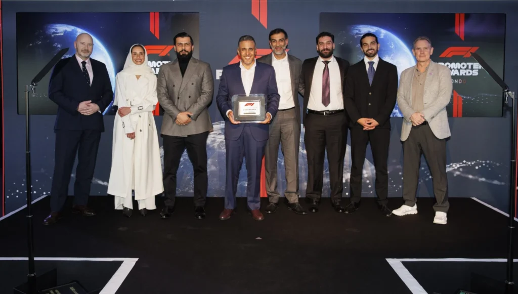 The Saudi Arabian Grand Prix team accept the Event Spectacle award at the 2025 Formula 1 Promoter Awards.