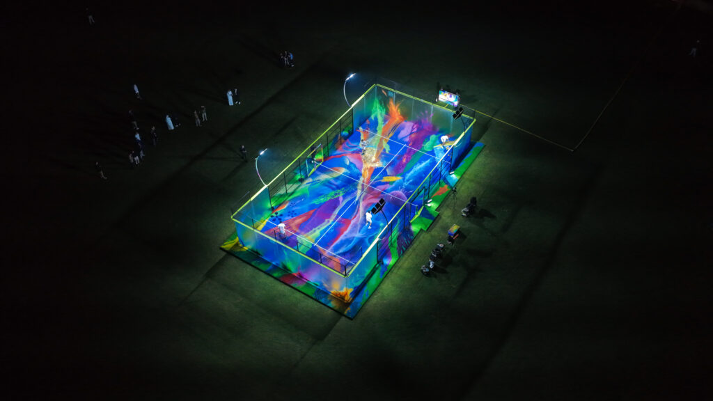 Artistic padel court installation unveiled by Premier Padel and Art Basel Qatar during the inaugural Art Basel Qatar fair.