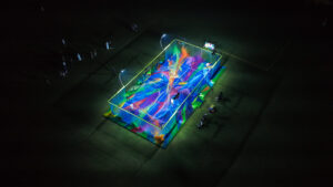 Artistic padel court installation unveiled by Premier Padel and Art Basel Qatar during the inaugural Art Basel Qatar fair.