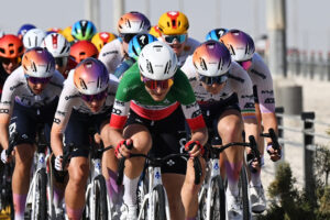 Lara Gillespie sprinting to second place on Stage 1 of the UAE Tour Women for UAE Team ADQ.