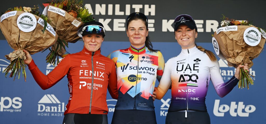 Lara Gillespie sprinting to third place at Nokere Koerse for UAE Team ADQ.