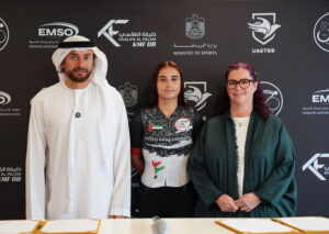 UAE Sports Talent Program event at Dubai Autodrome with athletes and officials in attendance. including cyclist Afraa Khalid.