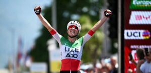 Elisa Longo Borghini celebrates her Stage 2 victory at the Tour de Suisse Women.