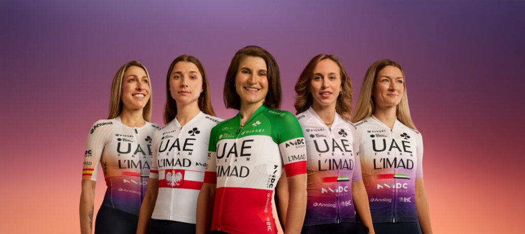 UAE Team L'IMAD riders wearing the team's special Tour de France Femmes jersey.