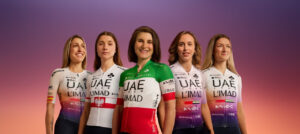 UAE Team L'IMAD riders wearing the team's special Tour de France Femmes jersey.