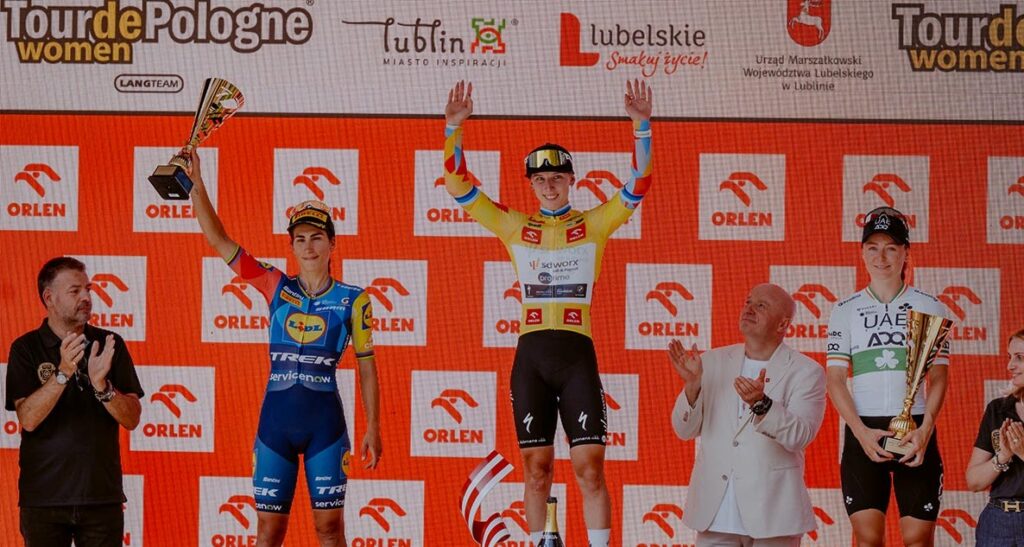 Lara Gillespie celebrates a podium finish at the Tour de Pologne Women.