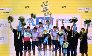 UAE Team L’IMAD celebrates winning the Team Classification at the 2026 Tour de France Femmes.