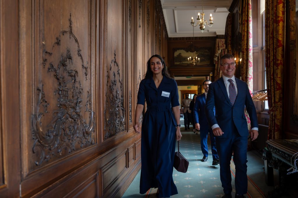Her Excellency Sheikha Hind bint Hamad Al Thani, Vice Chairperson of Qatar Foundation, and Tom Cargill, CEO of Wilton Park, at the Qatar Foundation–Wilton Park dialogue in West Sussex.